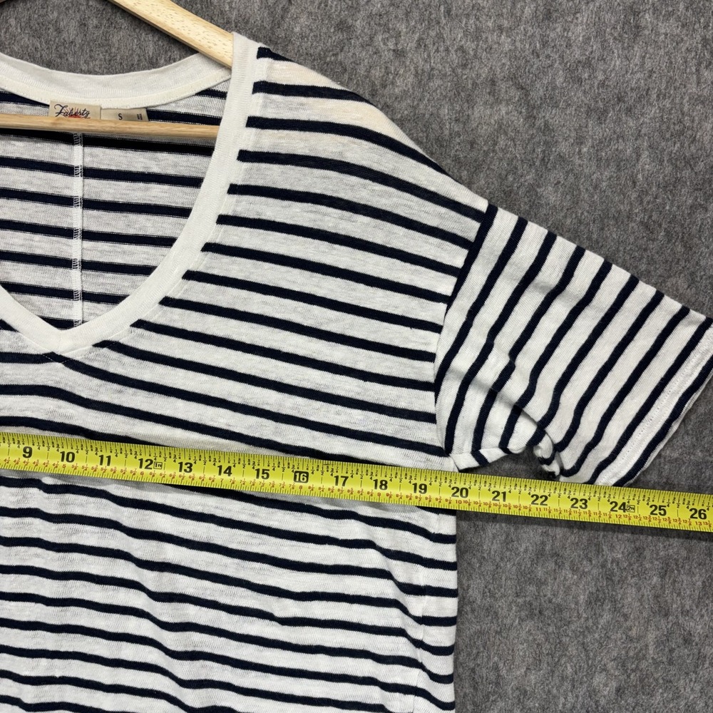 Faherty Oceanside Shirt Womens Small White Navy Stripe Linen V-Neck Short Sleeve - Picture 4 of 9